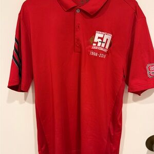 Adidas Red Polo Shirt with Carter-Findley 50 years Anniversary Logo